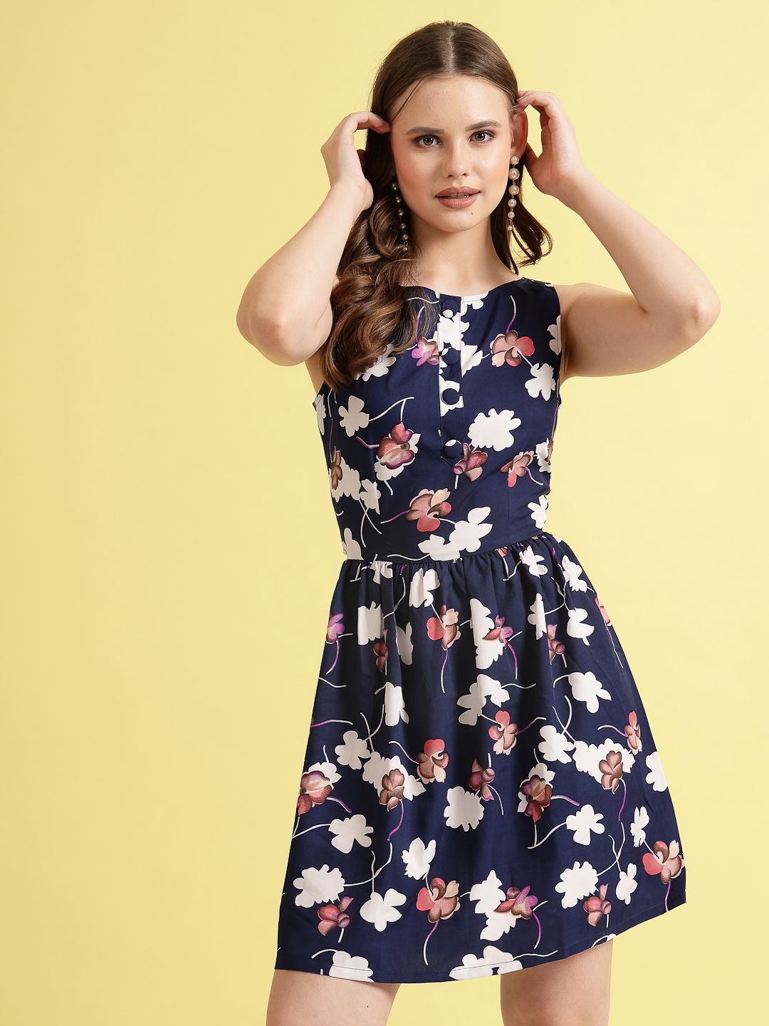 

BEING NAUGHTY Women Floral Printed Fit & Flare Dress, Navy blue