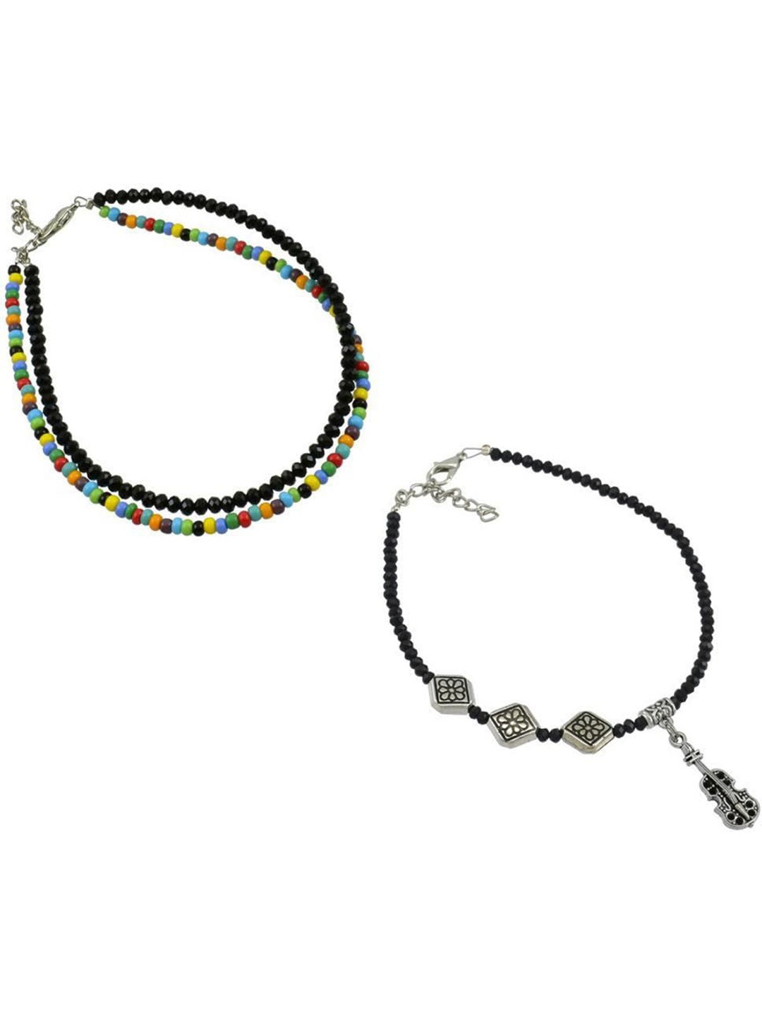 

HIGH TRENDZ Set Of 2 Beaded Single Leg Anklets, Silver