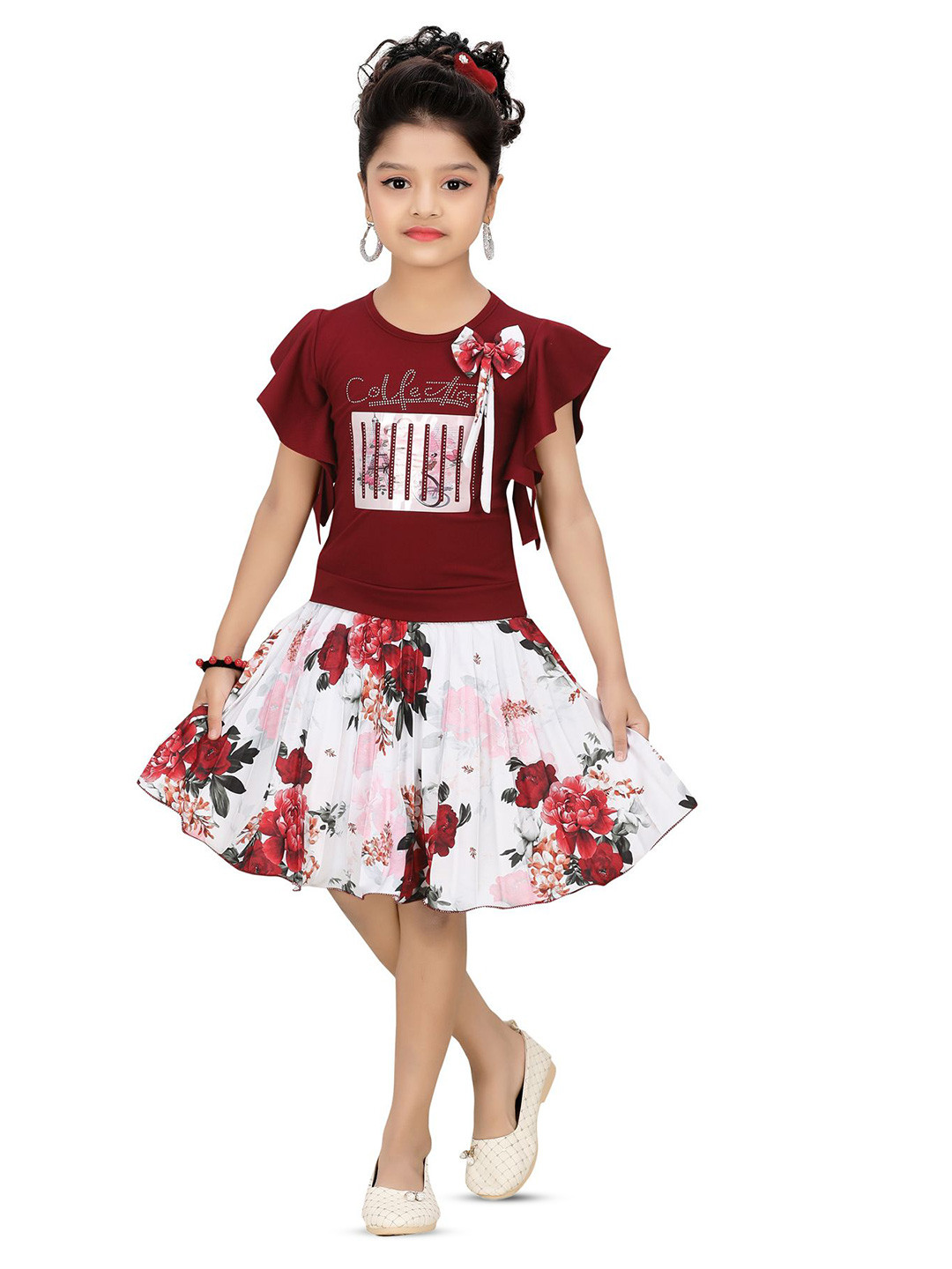 

BAESD Girls Printed Top with Skirt, Maroon
