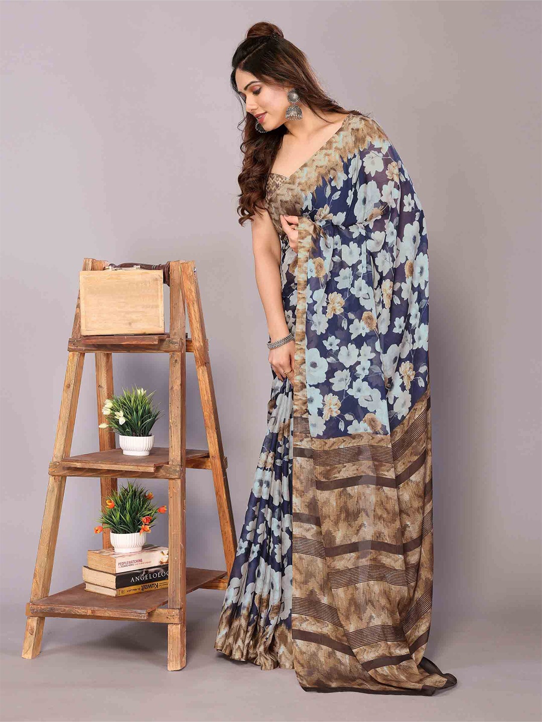 

KALINI Floral Poly Chiffon Saree, Blue