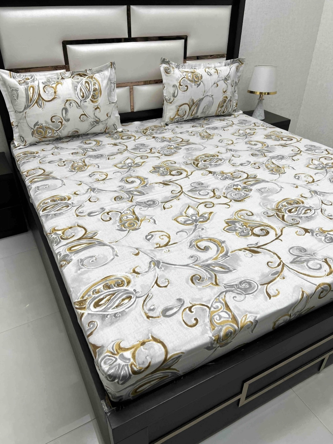 

Pure Decor White & Grey Ethnic Motifs 330 TC King Bedsheet with 2 Pillow Covers