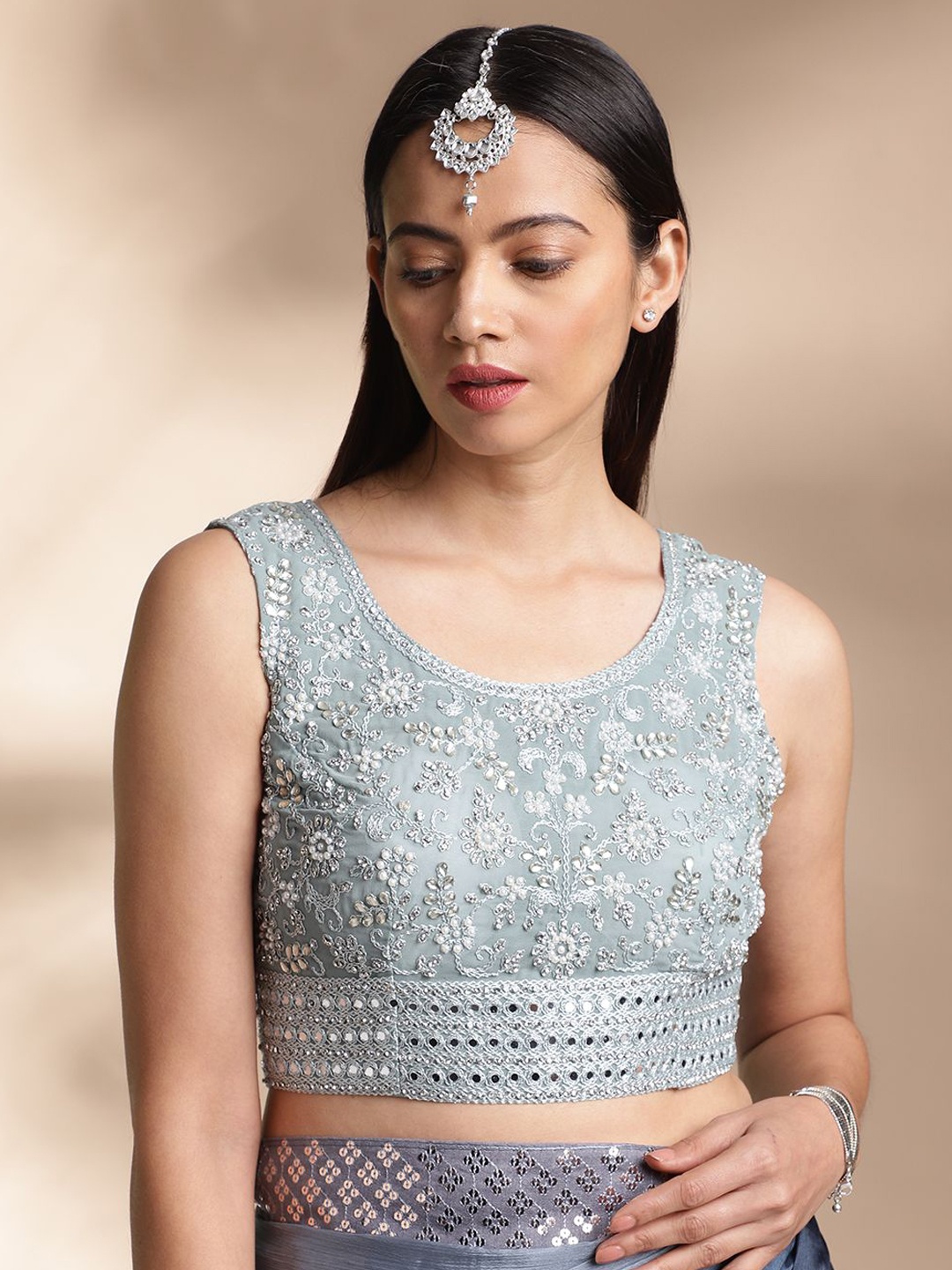 

flaher Embroidered Silk Round Neck Saree Blouse, Turquoise blue