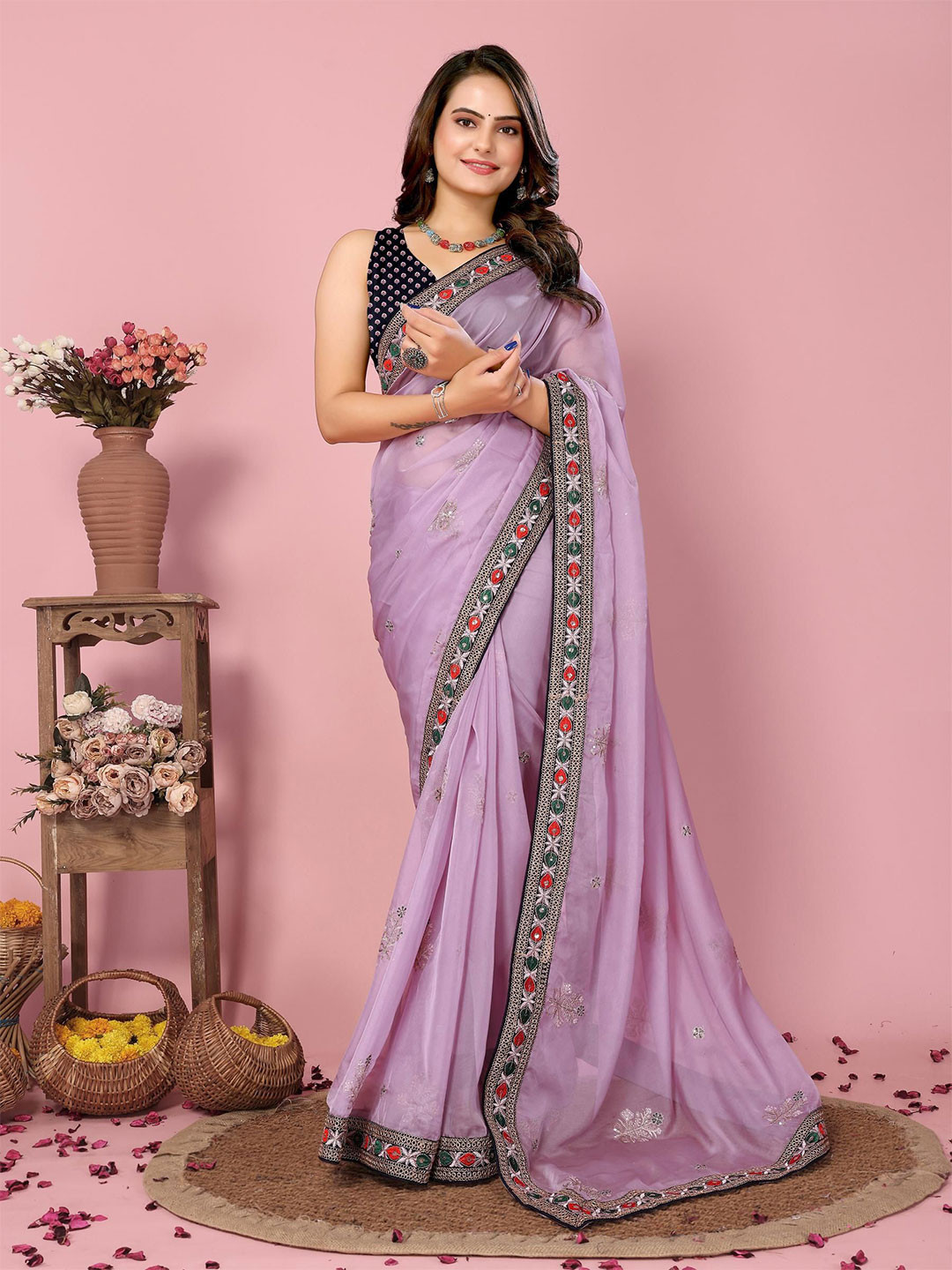 

HERE&NOW Floral Embroidered Organza Saree, Lavender