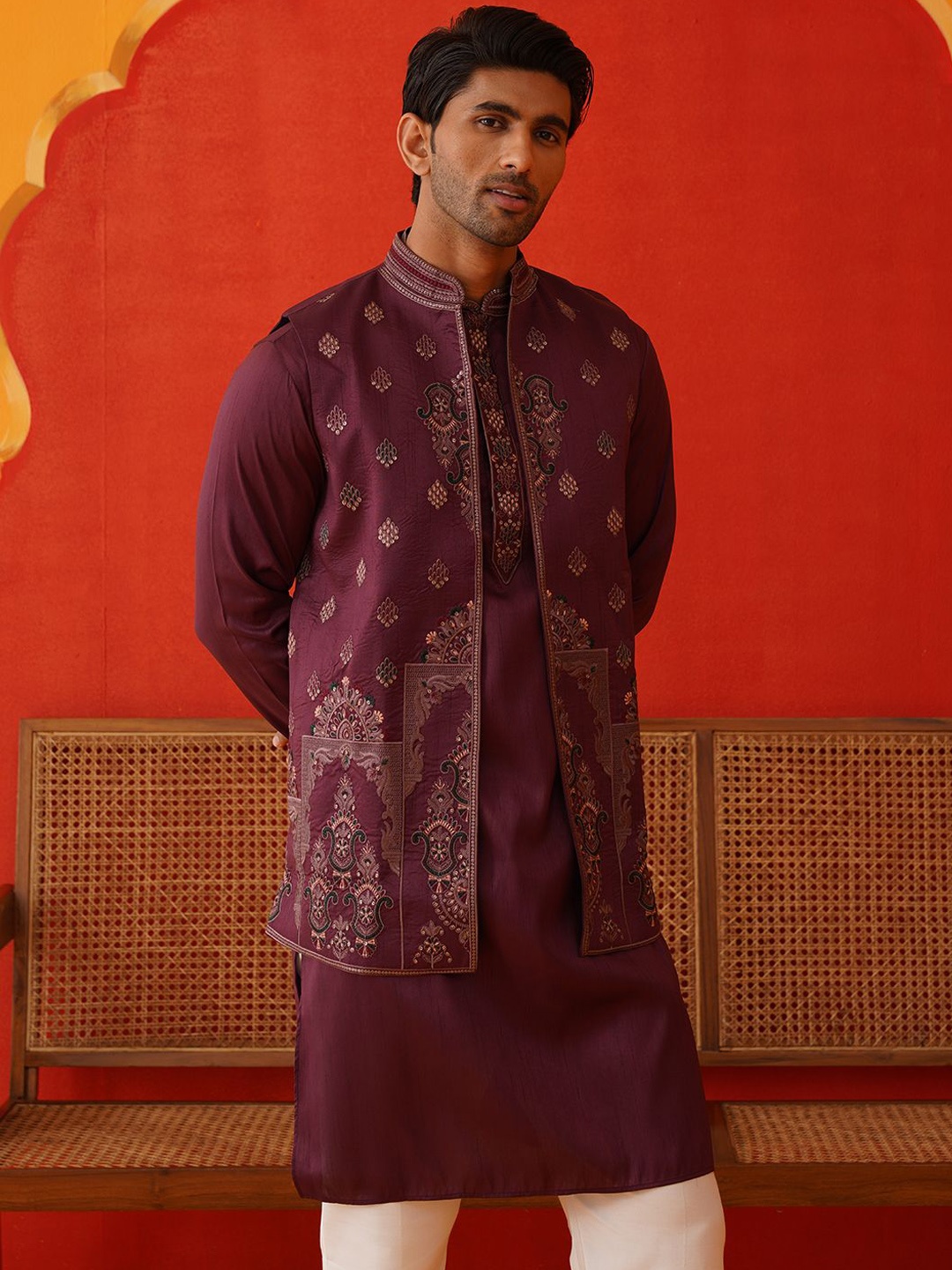 

Jompers Floral Embroidered Chikankari Kurta With Pyjamas & Waistcoat, Purple