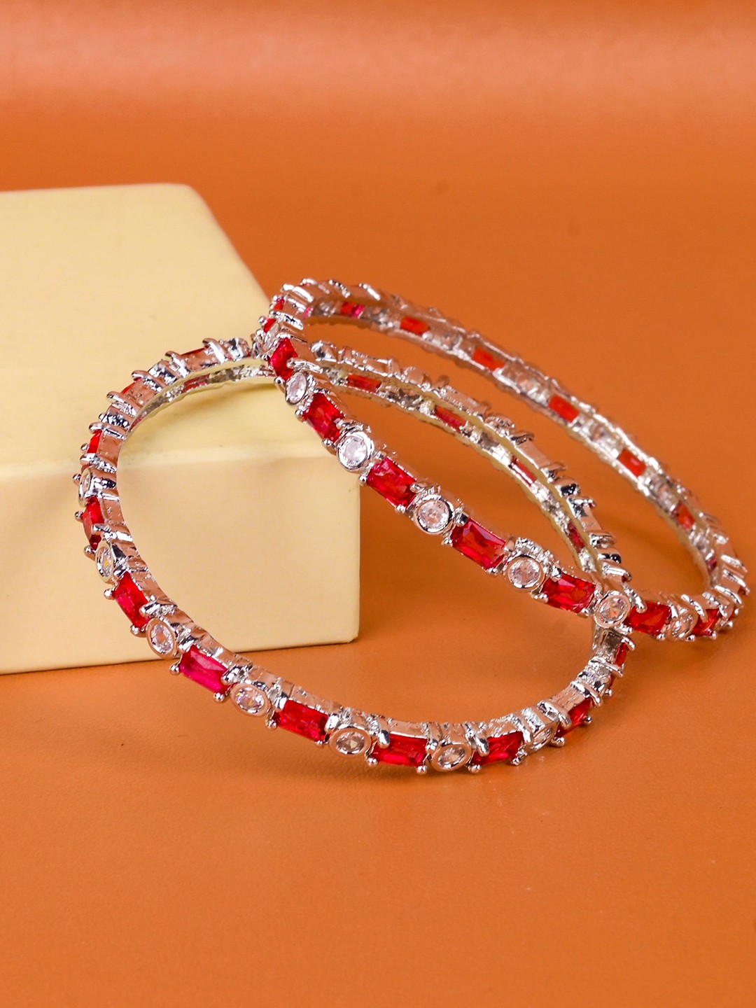 

Zevarly Set Of 2 Silver-Plated CZ Studded Bangles