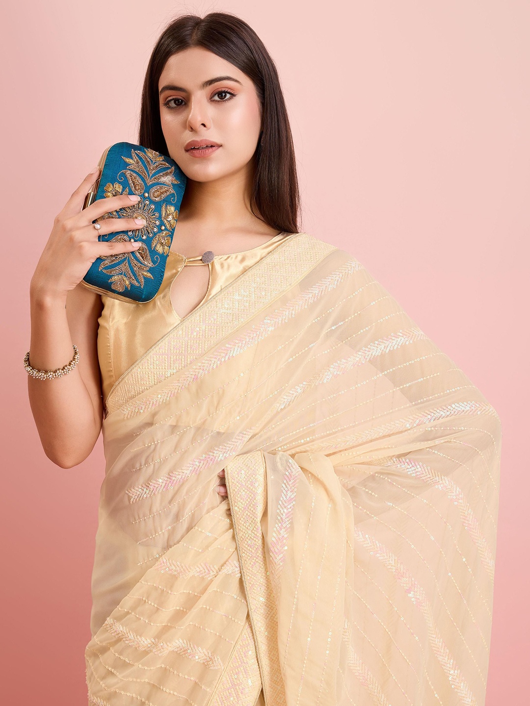 

HERE&NOW Floral Sequinned Poly Georgette Saree, Cream