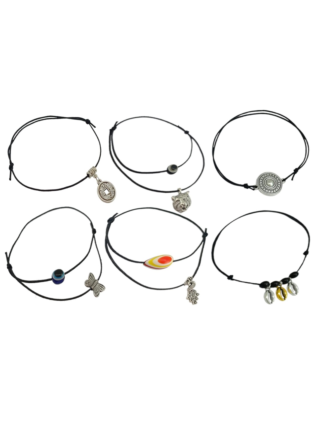 

HIGH TRENDZ Pack Of 6 Thread Adjustable Anklet, Black