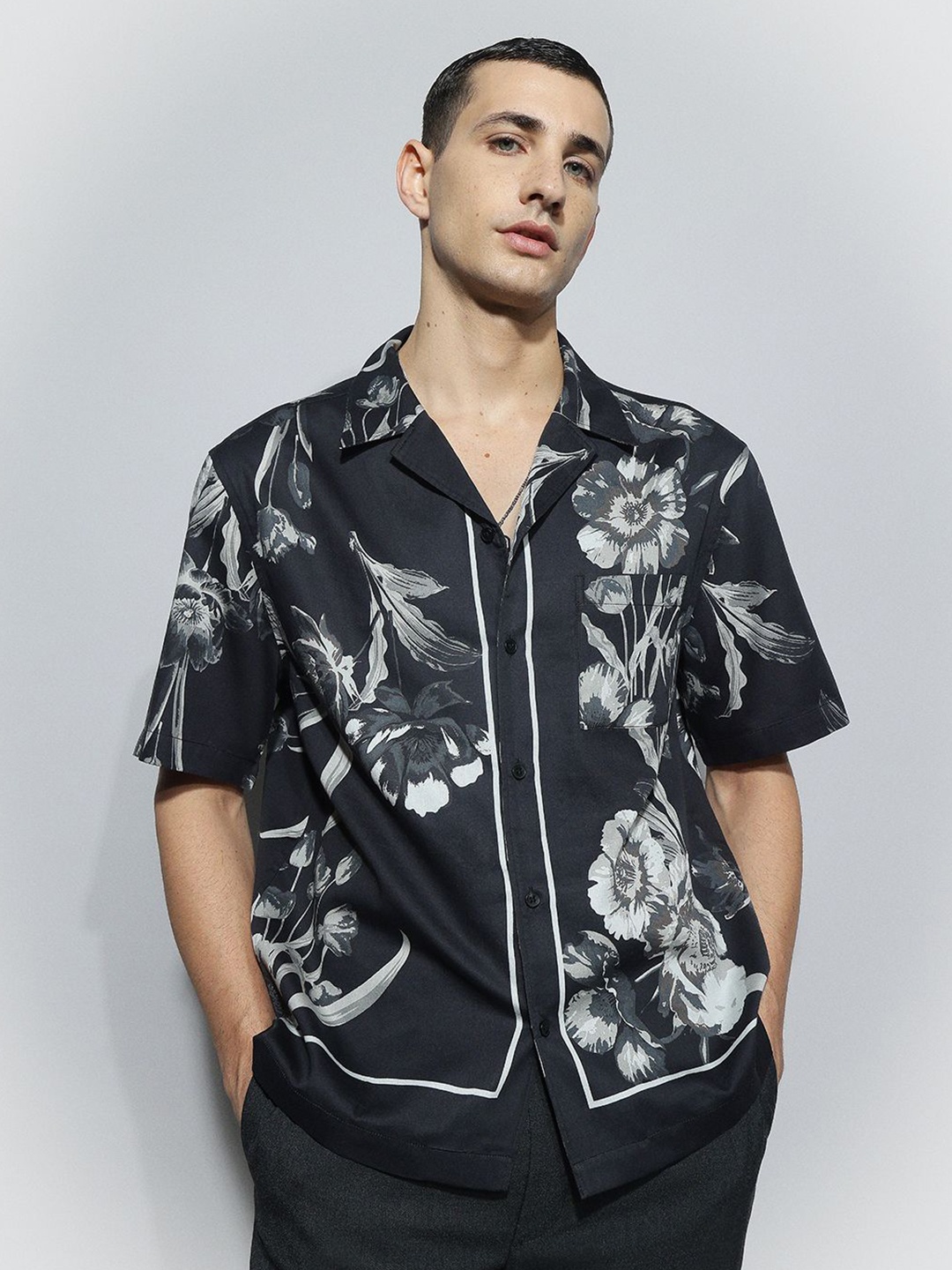 

H&M Regular Fit Printed Cotton Shirt, Black