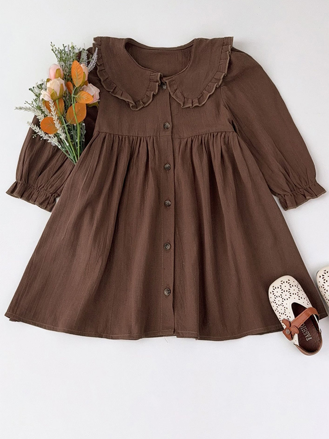 

LULU & SKY Girls Cotton Peter Pan Collar Fit & Flare Dress, Brown