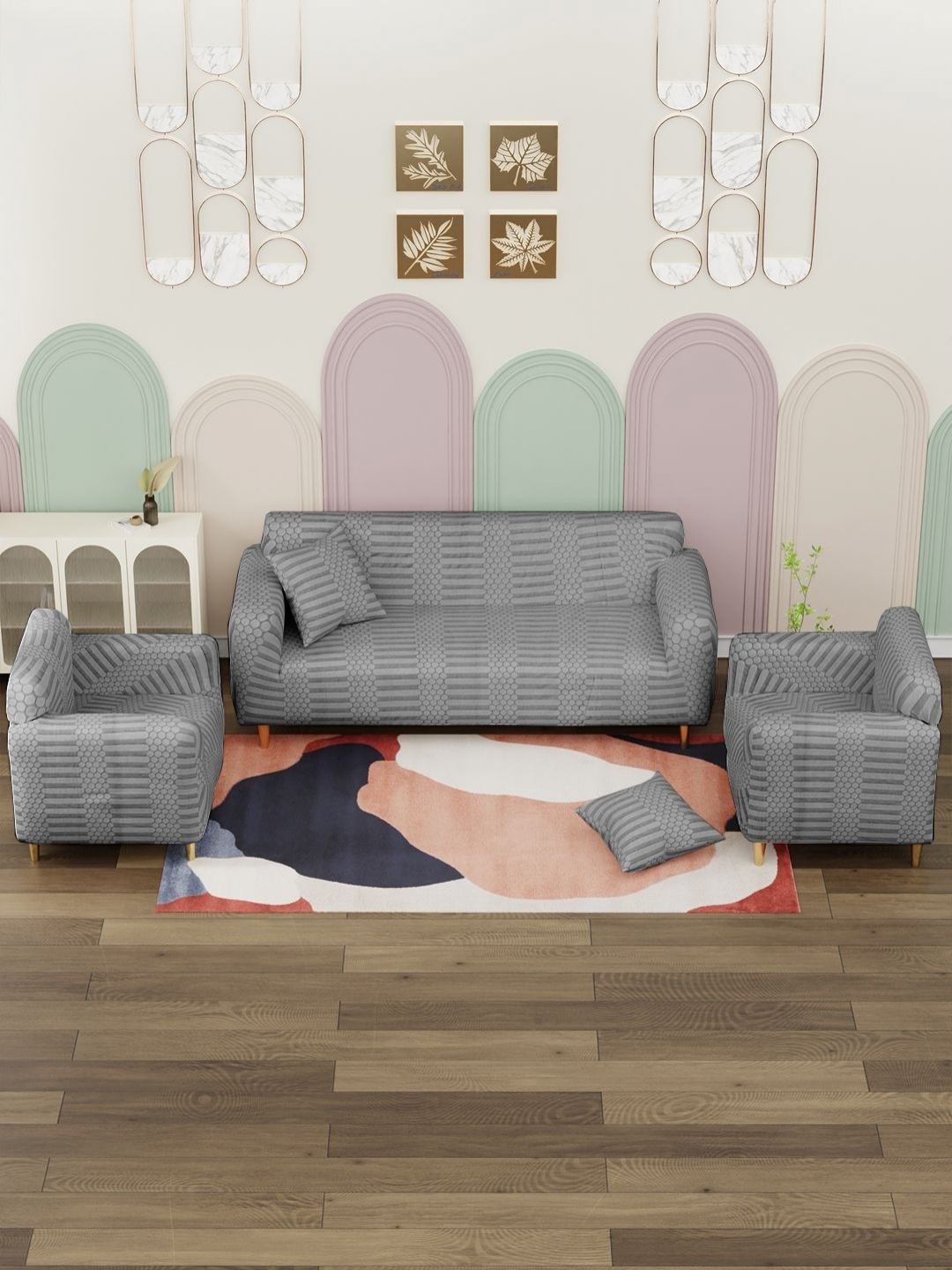 

Myntra Elegant Homes Grey 5 Pieces Printed Jacquard 5-Seater Sofa Cover With Arms