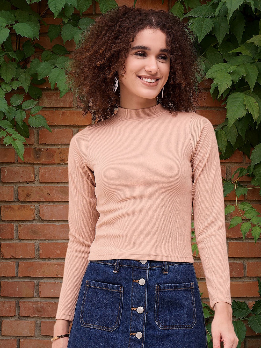 

DressBerry Women Ribbed High Neck Top, Beige
