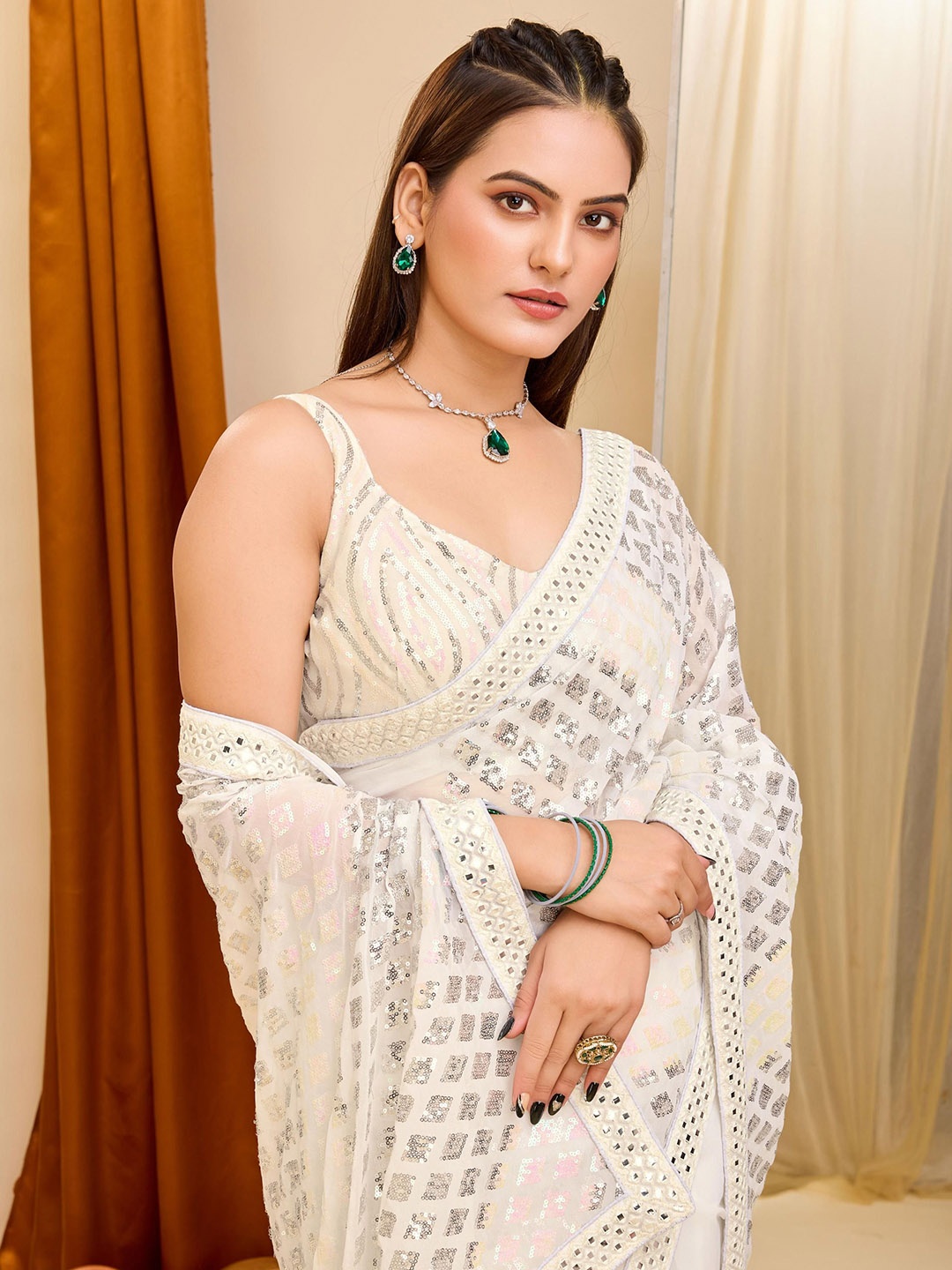 

HERE&NOW Embellished Sequinned Saree, White