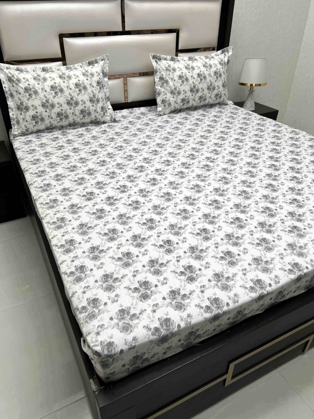 

Pure Decor White & Grey Floral 300 TC King Bedsheet with 2 Pillow Covers