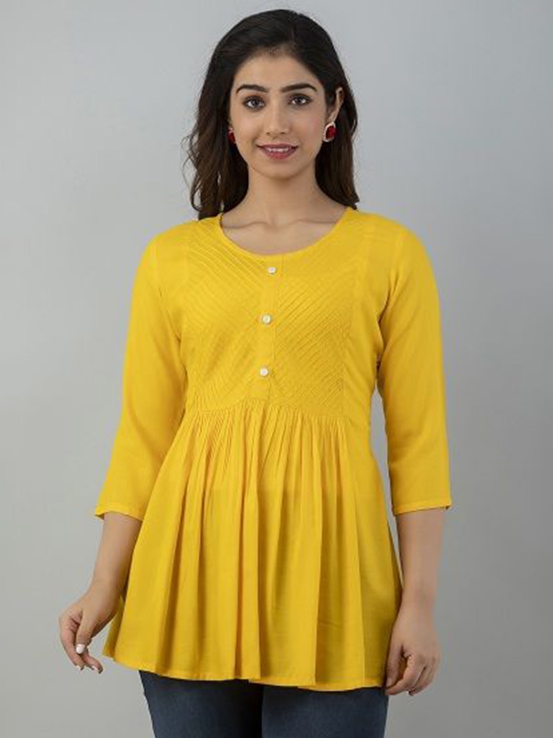 

AAFAMI Women Embroidered Three-Quarter Sleeves Cotton Top, Rust
