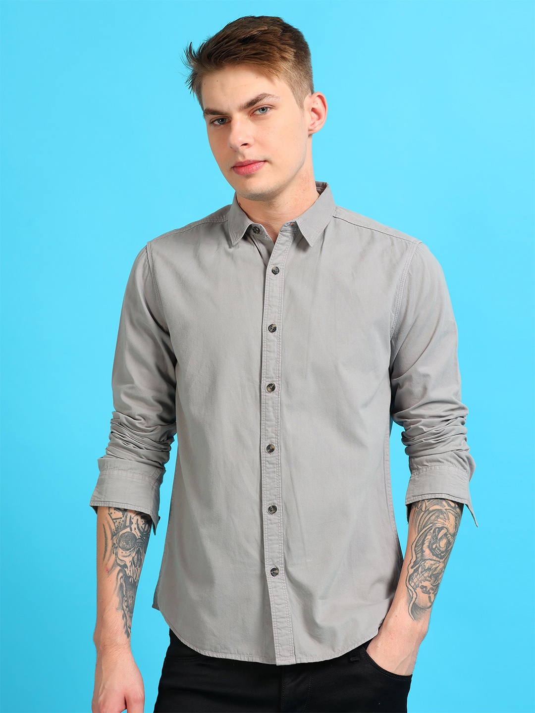 

StitchX Men's Spread Collar Full Sleeve Core Essentials Over-Dyed Shirt, Grey