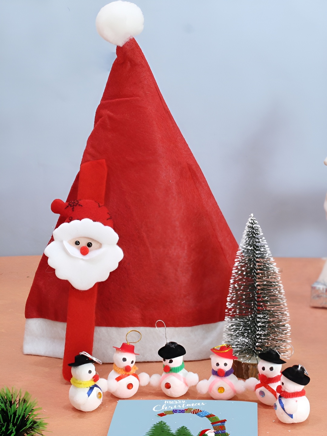 

TIED RIBBONS Christmas Gift Combo with 6 Pc Little Bells Mini Tree Cap Wrist Band, Red