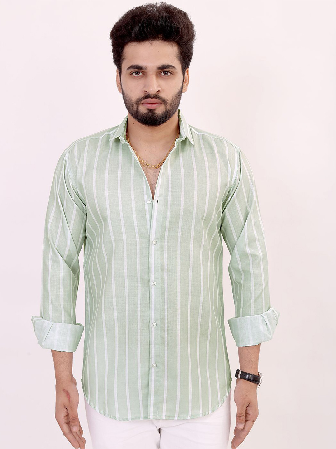 

BOWLIFESTYLE Men Classic Fit Vertical Striped Cotton Casual Shirt, Green