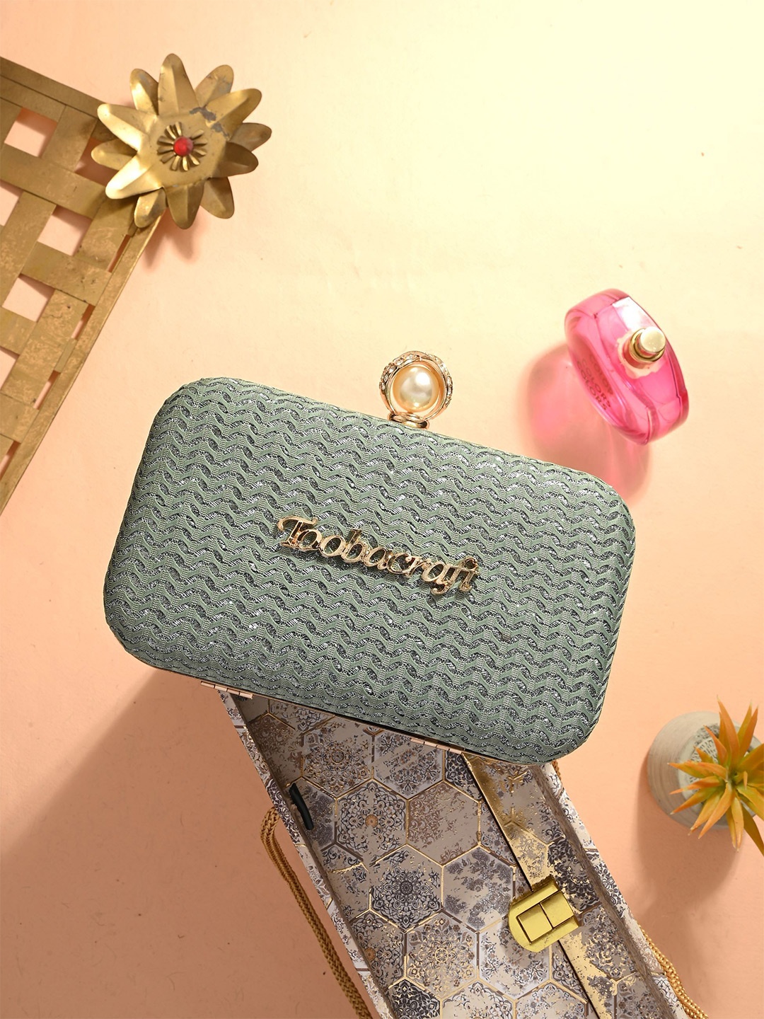 

Toobacraft Embellished Box Clutch, Green