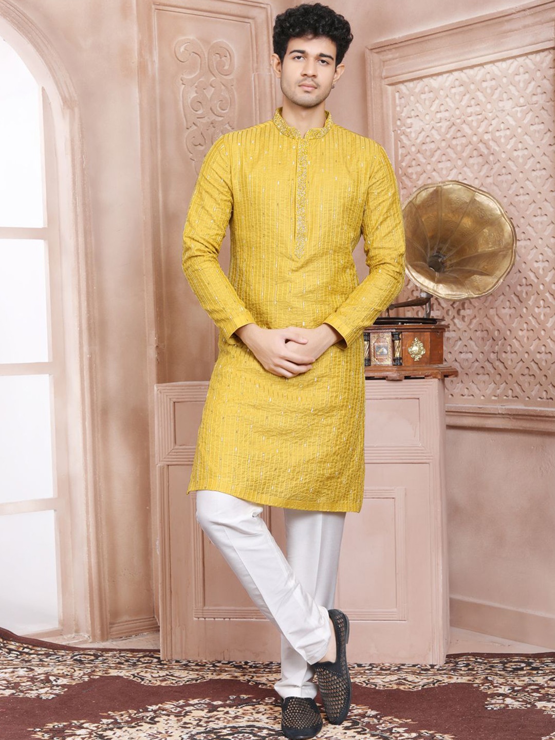 

EVASTRO Ethnic Motifs Embroidered Sequinned Pure Cotton Straight Kurta With Trousers, Yellow