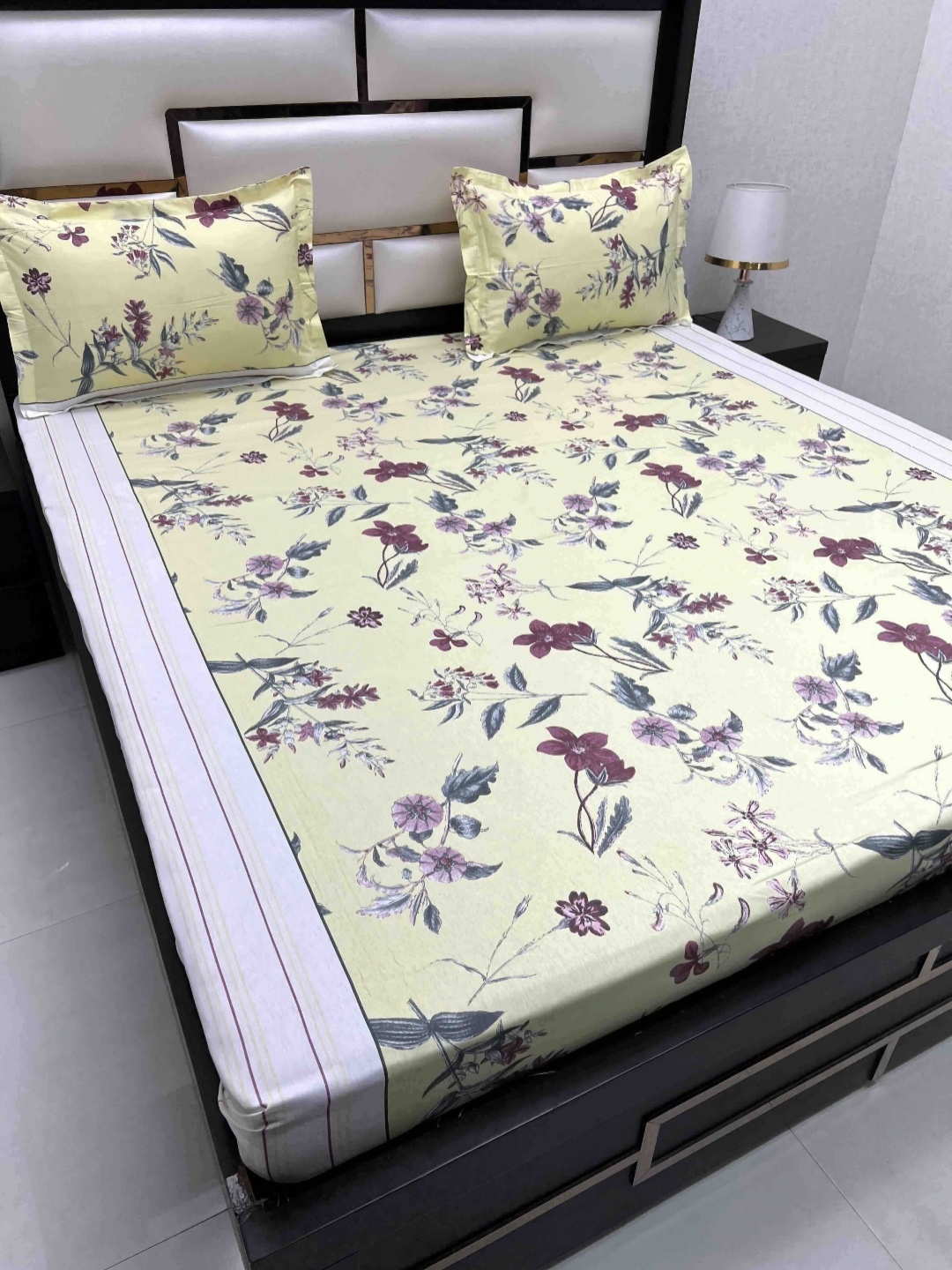 

Pure Decor Yellow & Grey Floral 220 TC King Bedsheet with 2 Pillow Covers