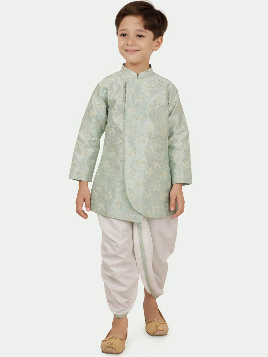 

Ethniks Neu-Ron Boys Floral Printed Regular Pure Silk Kurta with Dhoti Pants, White