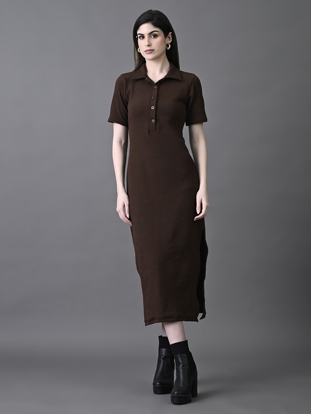 

The Roadster Lifestyle Co Women Shirt Collar Side Slit A-Line Midi Dress, Coffee brown