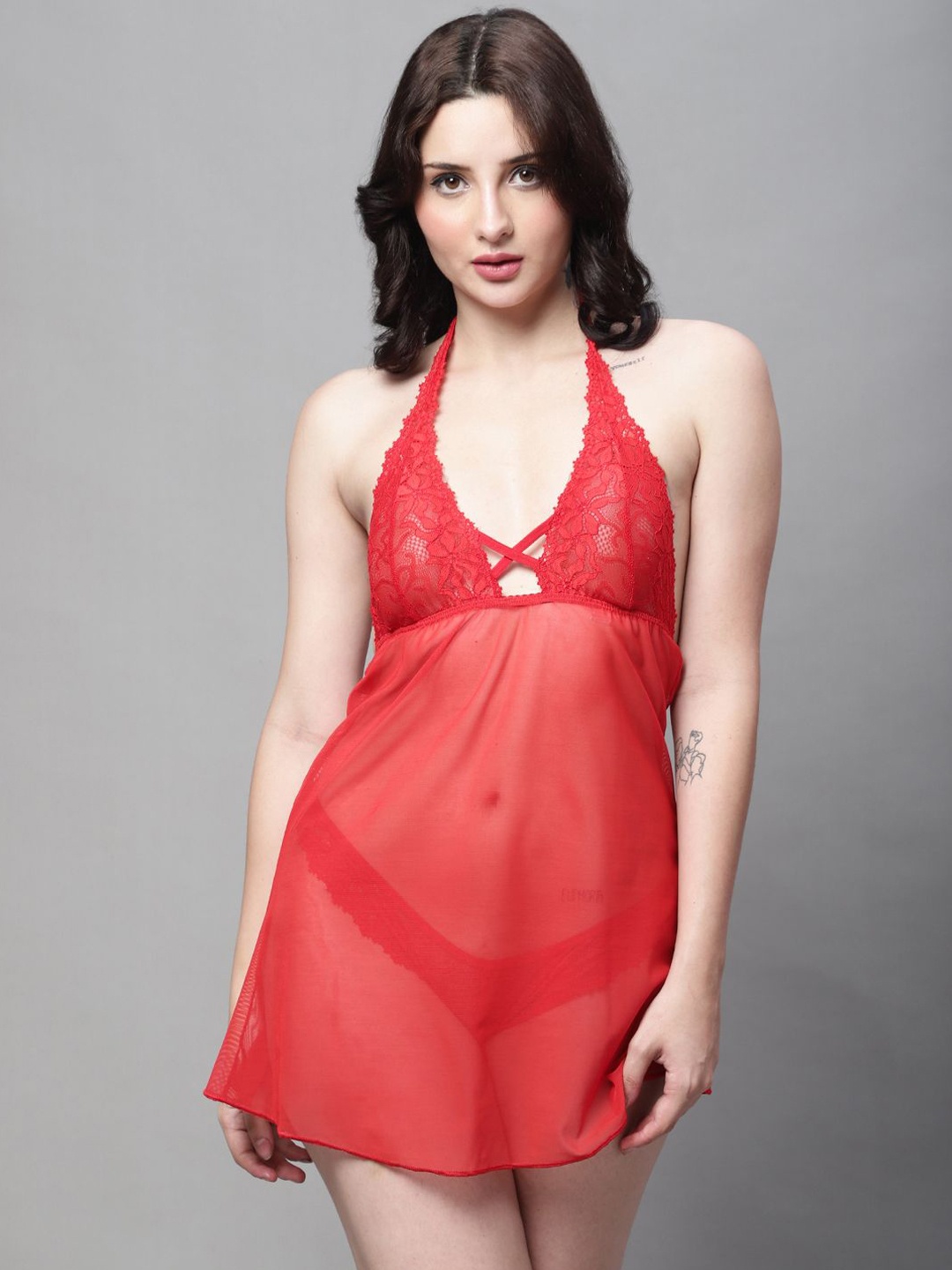 

new blue eyes Women Halter Neck Baby Doll, Red