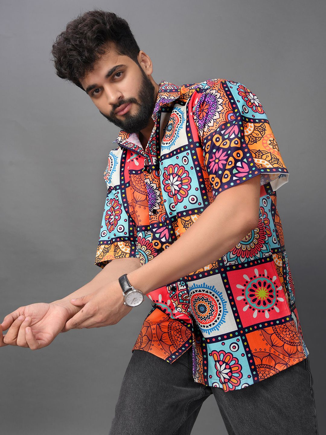 

BOWLIFESTYLE Men Classic Spread Collar Floral Printed Cotton Casual Shirt, Orange