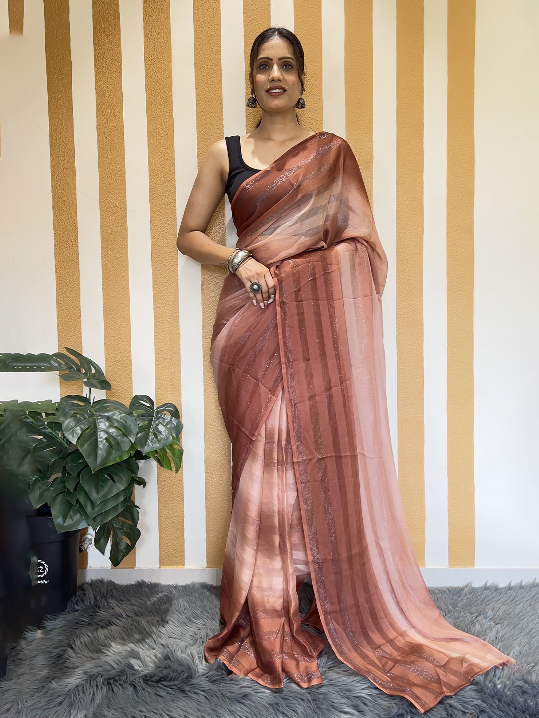 

KAYOMMI Striped Pure Chiffon Ready to Wear Saree, Brown