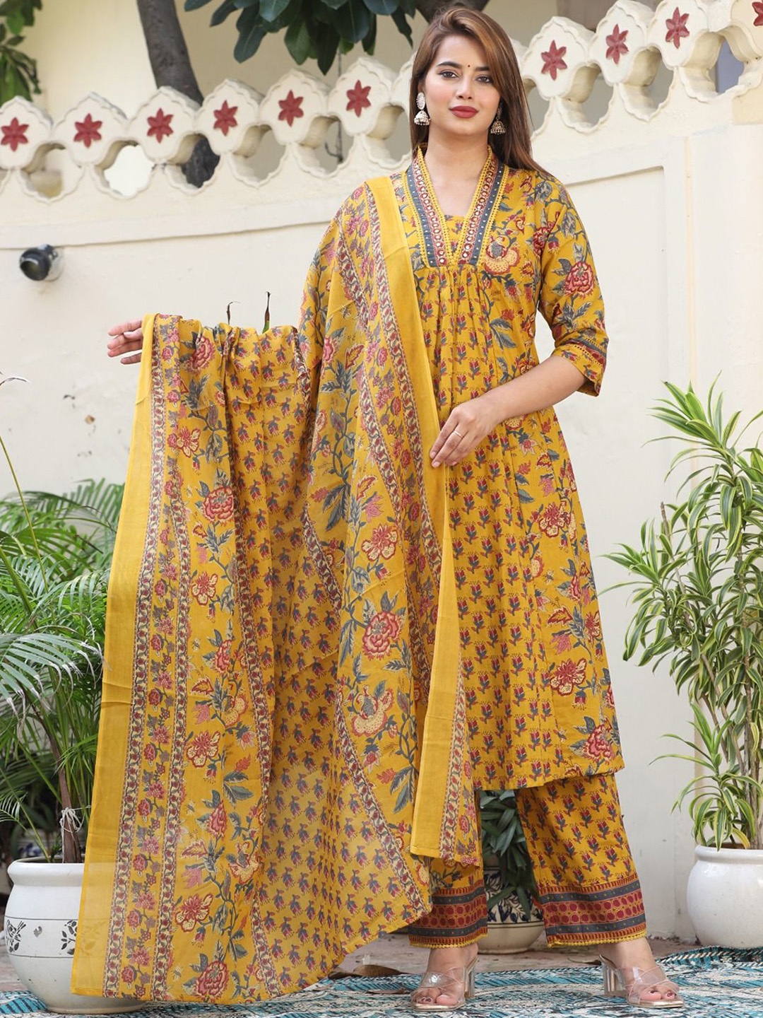 

Vastralay Women Ethnic Motifs Printed Regular Mirror Work Pure Cotton Kurta with Trousers & With Dupatta, Mustard