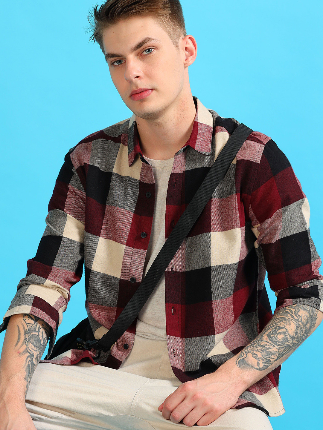 

StitchX Men Full Sleeve Brushed Cotton Buffalo Checks Spread Collar Shirt, Red