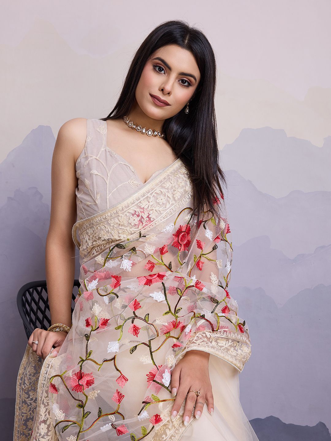 

HERE&NOW Floral Embroidered Net Saree, Cream