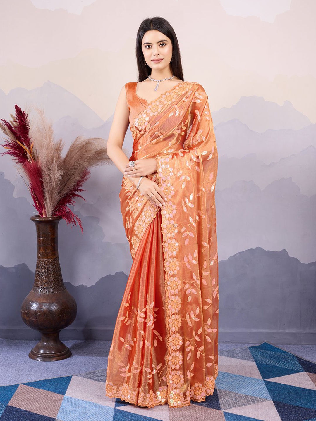 

HERE&NOW Floral Sequinned Saree, Orange