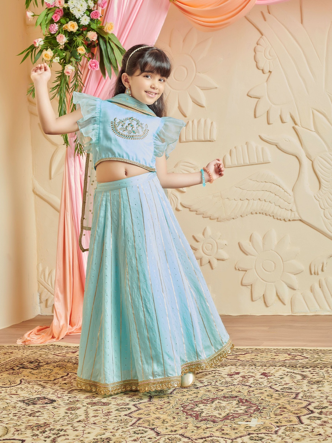 

MASTARANG Girls Organza Extended Frilled Top With Sequenced Skirt, Blue