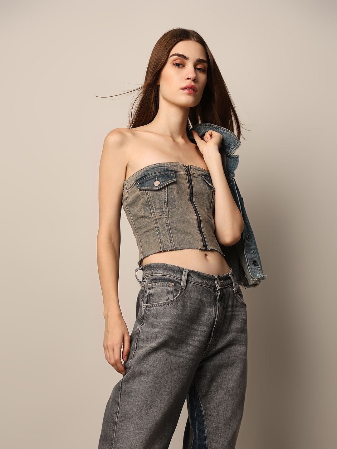 

ONLY Off-Shoulder Indigo Cotton Denim Tube Crop Top, Rust