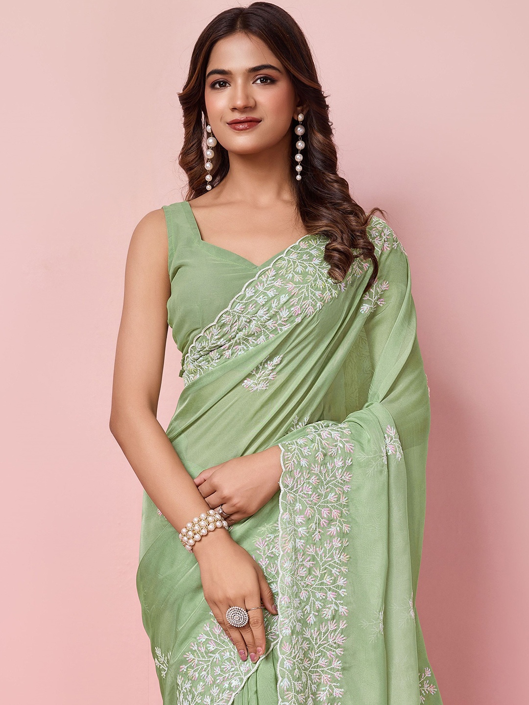 

HERE&NOW Floral Embellished Sequinned Organza Saree, Olive