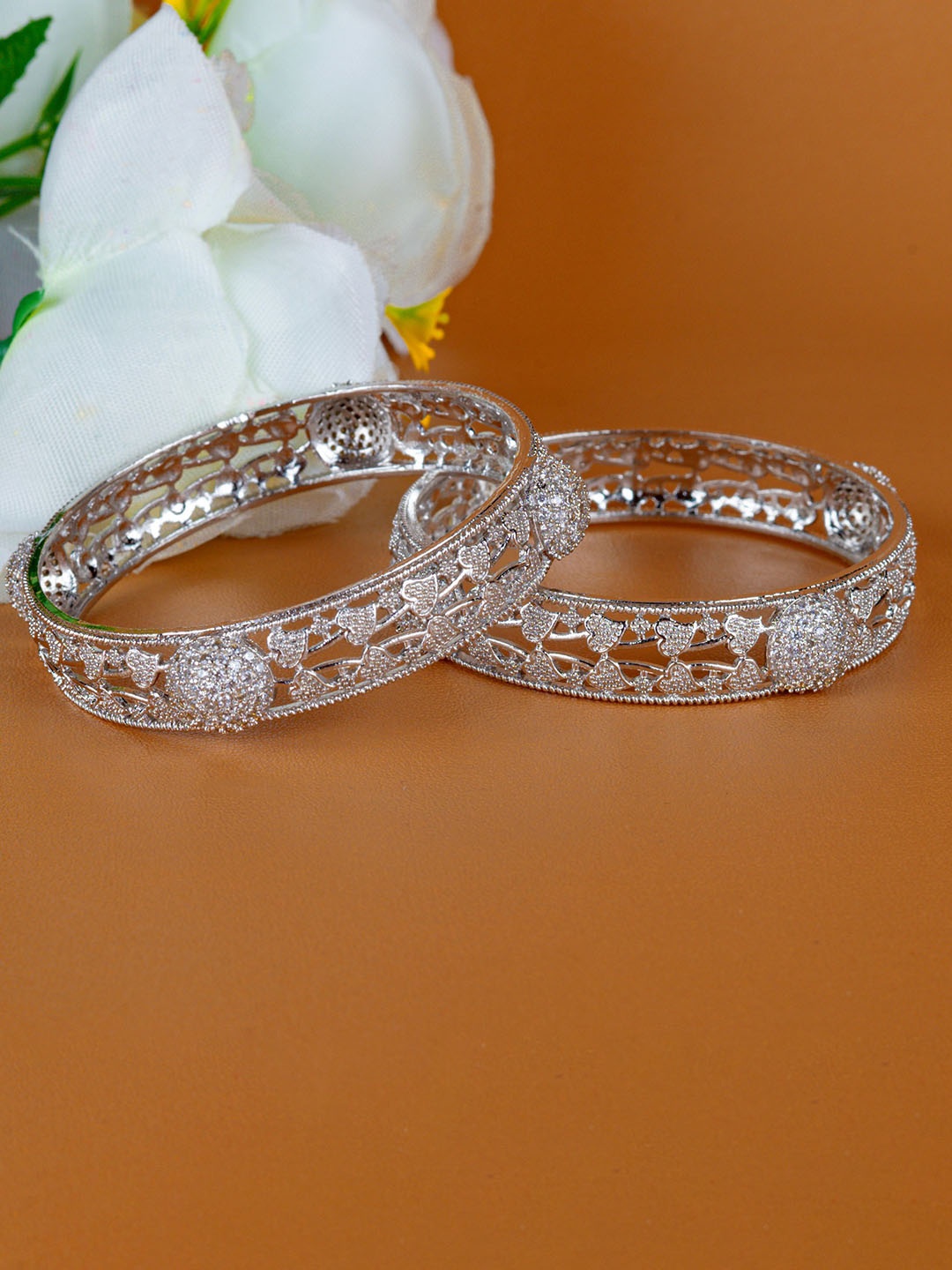

Zevarly Set Of 2 Rhodium-Plated CZ Studded Bangles, Silver