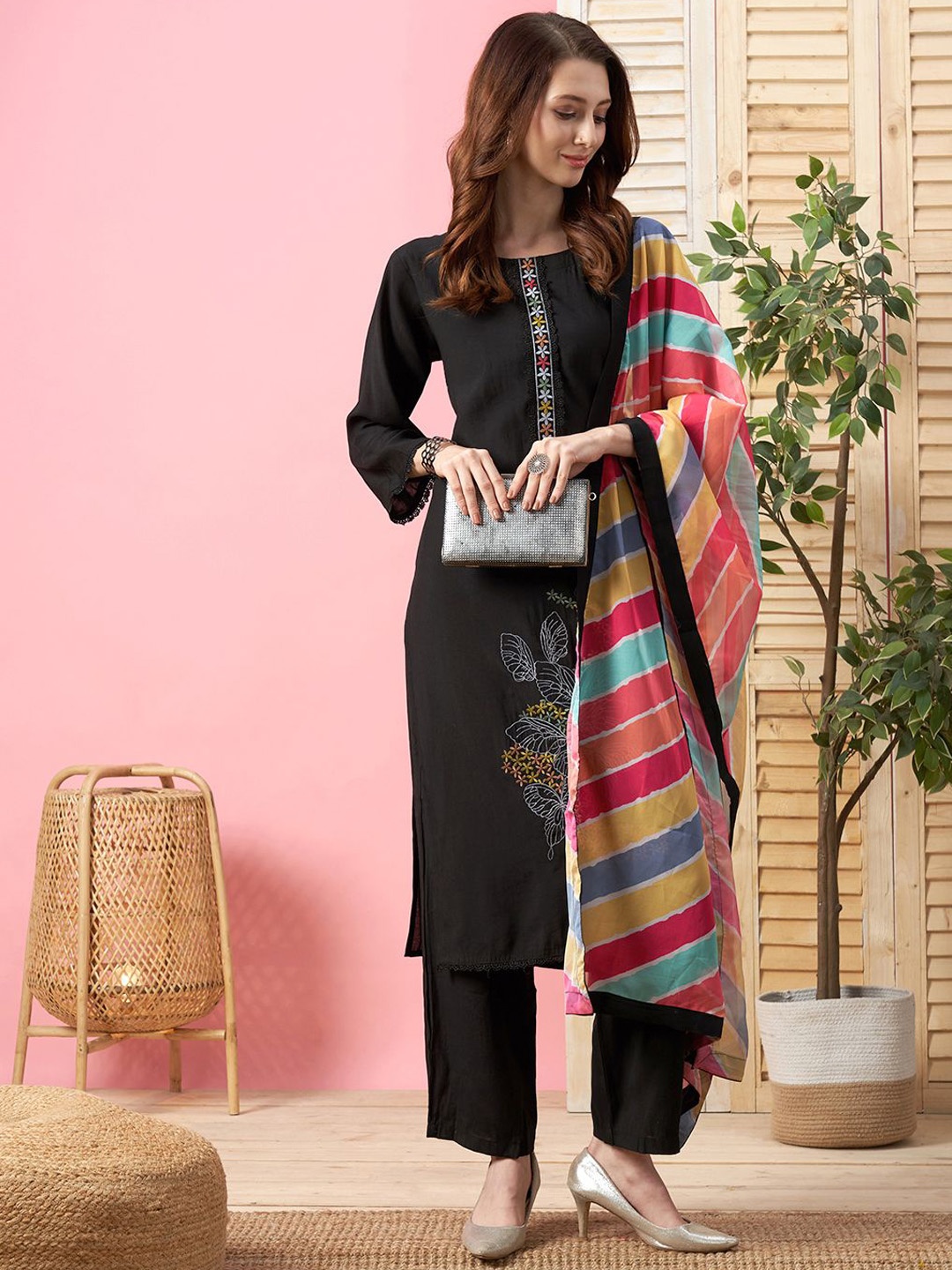 

KALINI Round Neck Floral Embroidered Thread Work Straight Kurta with Trouser & Dupatta, Black