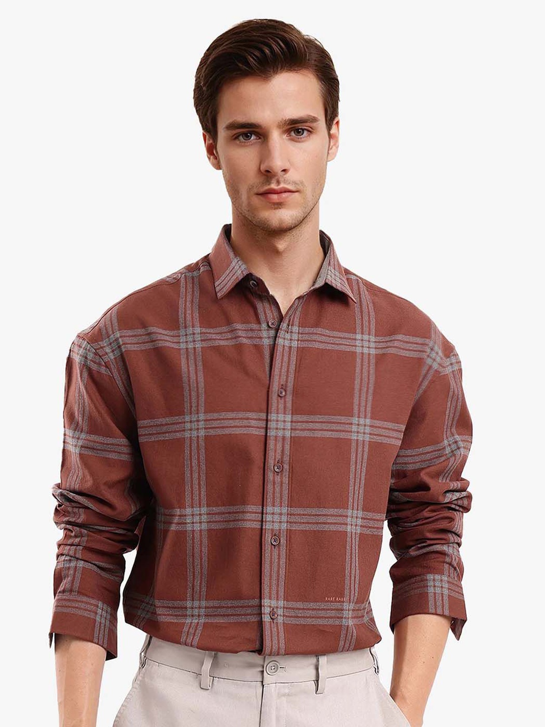 

RARE RABBIT Men Comfort Spread Collar Tartan Checked Cotton Casual Shirt, Brown
