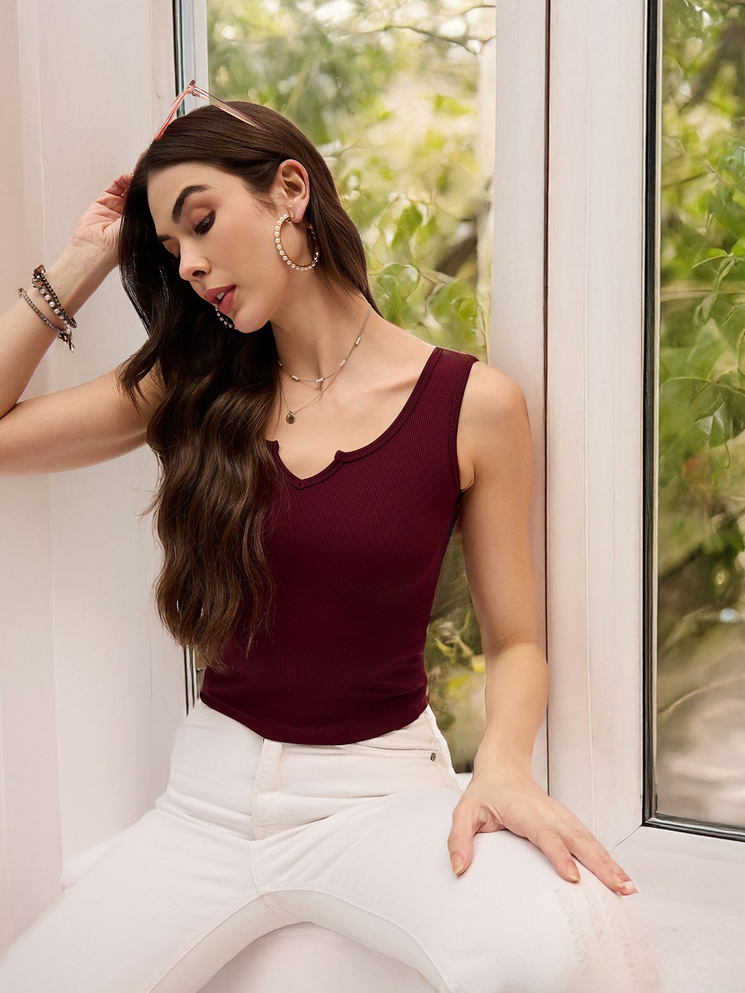 

DressBerry Women Striped Jewel Neck Sleeveless Top, Maroon