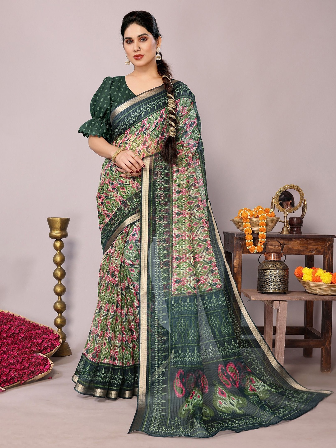 

KALINI Ethnic Motifs Zari Ikat Saree, Olive