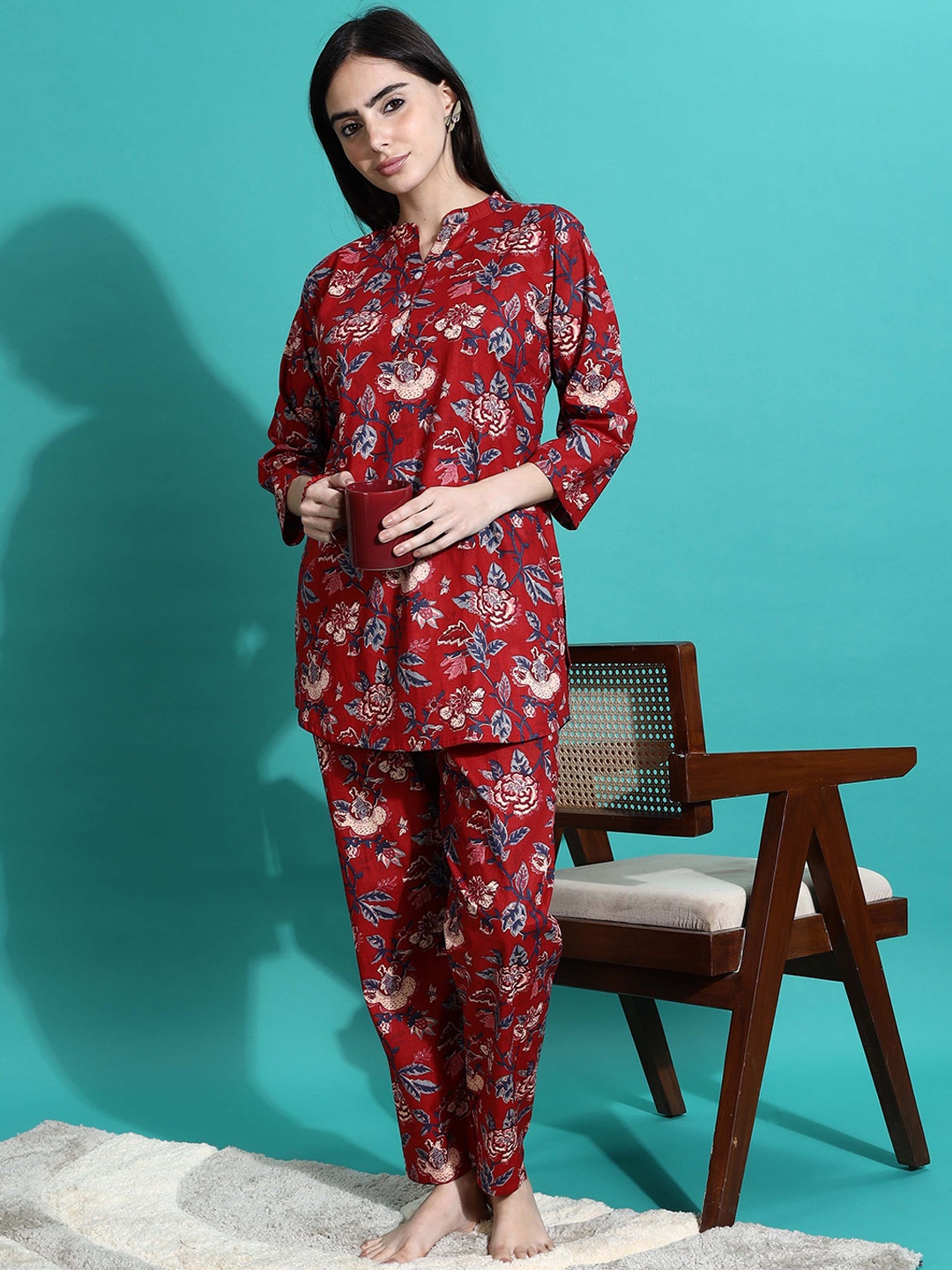 

9shines Label Mandarin Collar Printed Pure Cotton Top With Trouser, Red