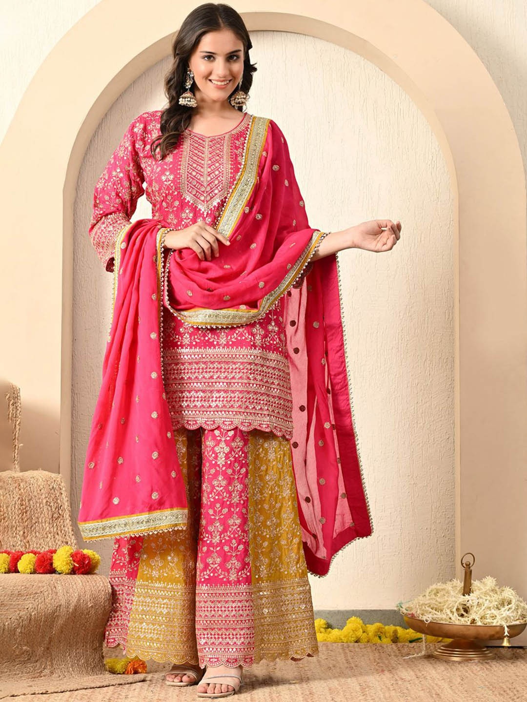 

ZARIKALI Ethnic Motifs Embroidered Sequined Straight Kurta With Palazzos & Dupatta, Red