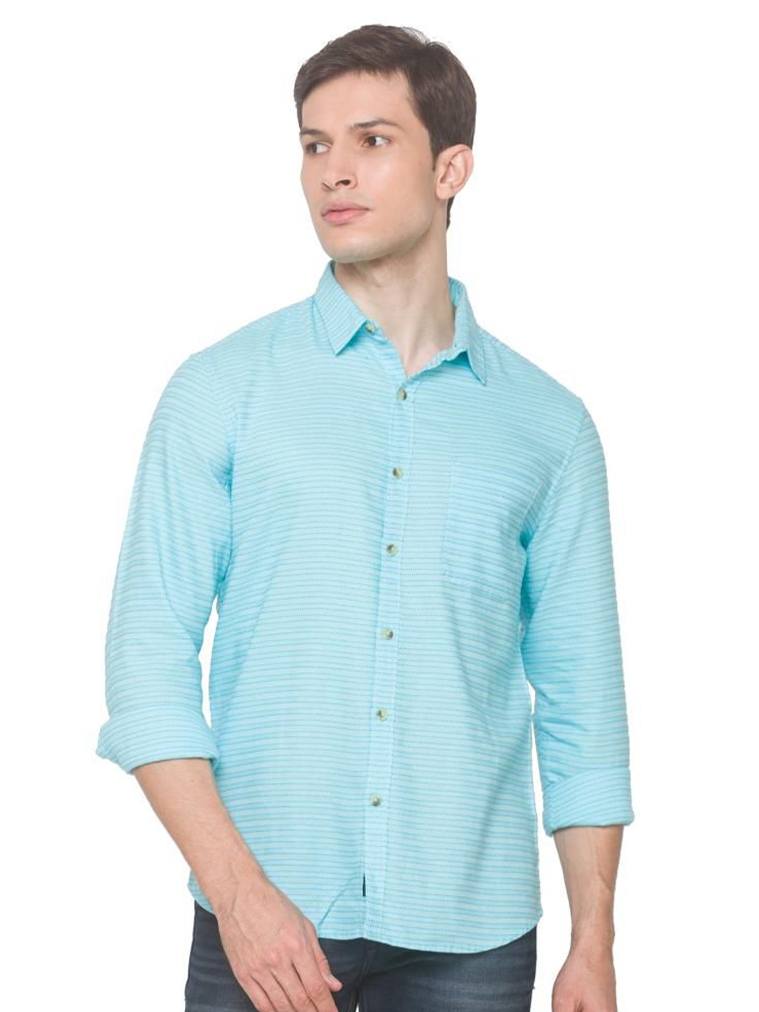 

SNX Men Tailored Fit Opaque Striped Casual Shirt, Blue