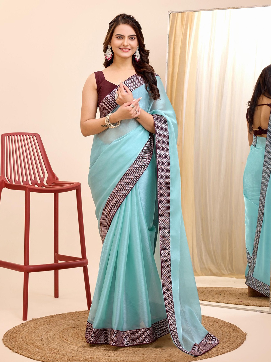 

HERE&NOW Solid Sequinned Saree with Blouse Piece, Blue