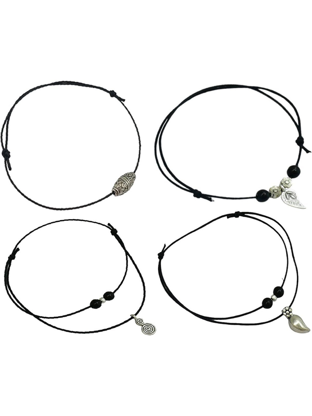 

HIGH TRENDZ Set Of 4 Single Leg Thread Anklets, Black