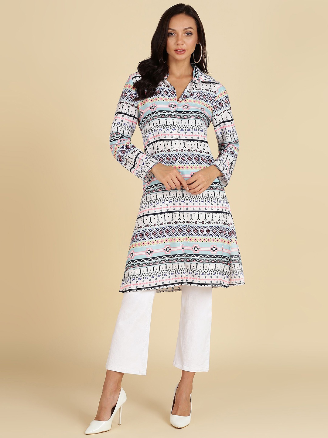 

DODO & MOA Women Ethnic Motifs Printed Shirt Collar A-Line Kurti, White
