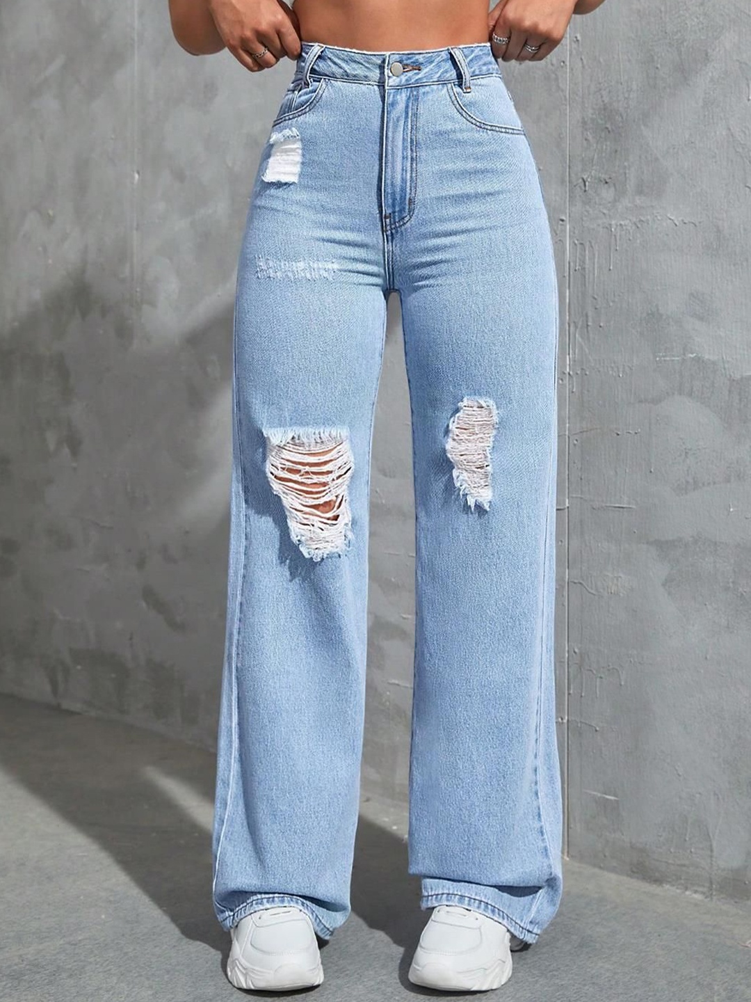 

Kotty Women Straight Fit High-Rise Slash Knee Jeans, Blue