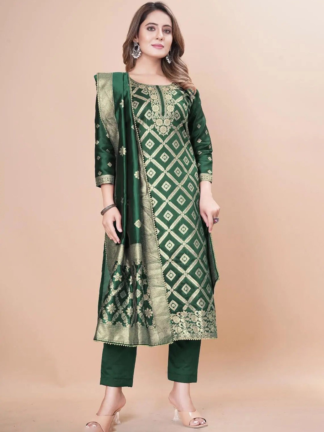 

LEAFFEB Art Silk Unstitched Dress Material, Green