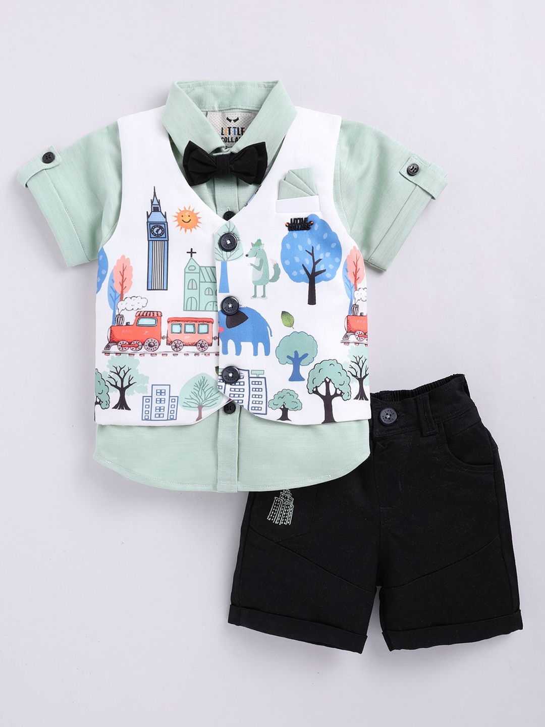 

LITTLE COLLARS Boys Shirt Collar Short Sleeves Shirt With Shorts With Waistcoat, Green